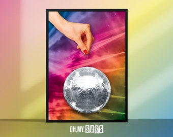 Disco Ball Rainbow Print | Mirror Ball Woman Red Nails Poster | Discotheque Lights Groovy Party Wall Art | Quirky Gallery Wall | A3 A4 A5