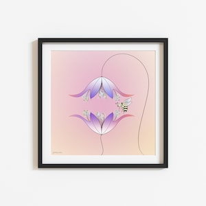 Biene auf Blumen Art Print, Verspielte Romantische Illustration mit Rosa Himmel, neugierige Biene erforscht die Natur, fröhliches Geschenk für Kinderbienen- und Blumenliebhaber