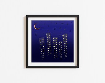 Könnte beinhalten: Eine digitale Illustration einer Skyline einer Stadt bei Nacht mit einem Halbmond und Sternen am dunkelblauen Himmel. Die Gebäude sind schwarz umrandet und haben gelbe Fenster.