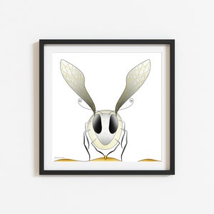 Detaillierte psychedelische Bienen-Kunstdruck, Biene arbeitet an Honig, hält Honigtropfen, komplizierte Insekten-Illustration, lebendige Natur-Wandkunst