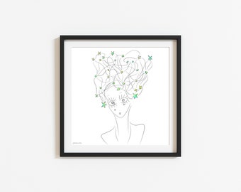 Minimalist Woman Line Art Print: Starry Hair Celestial Illustration