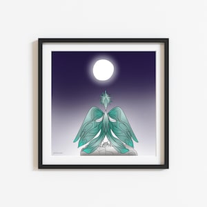 Green Dragon Art Print: Gothic Halloween Decor, Full Moon Illustration
