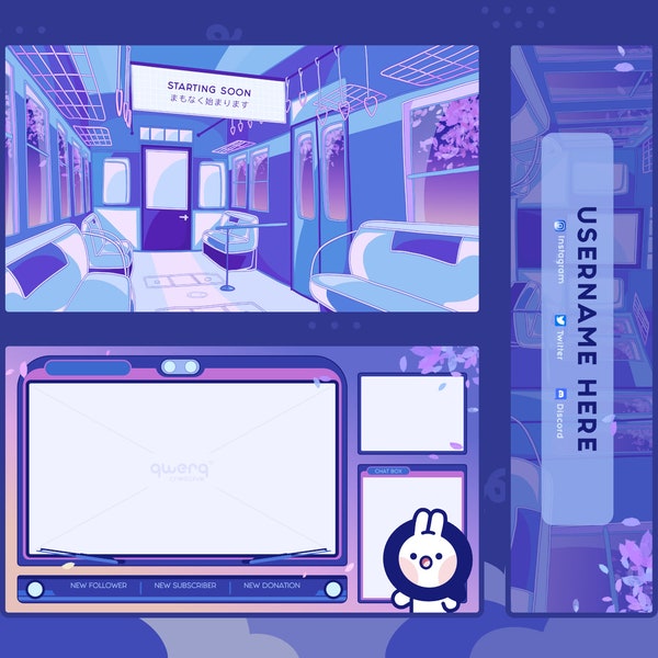 ANIMATED Japanese Sunset Train Stream Package | Customizable | Animated Alerts | Twitch Overlay | Dark Overlay | Vaporwave | Lofi | Blue