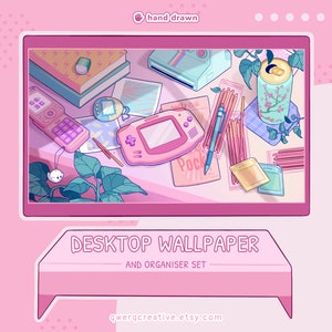 Organizzatore da scrivania retrò Lofi / Set di sfondi / Giocatore retrò / Scena da scrivania / Estetica Lofi / Carino / Rosa