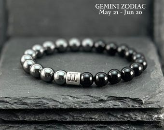 Gemini Zodiac Bracelet: Black Onyx & Hematite Beaded Astrology Jewelry