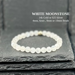 Handmade AAA White Moonstone Bracelet: 14K Gold or Sterling Silver Accent, Crystal Healing