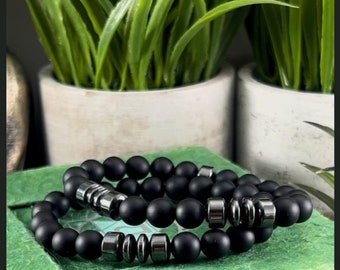 Mens Black Onyx & Hematite Bracelet Set: Energy Protection Crystal