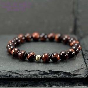 Red Tiger Eye Bracelet: 14K Gold Accent, Healing Crystal Jewelry