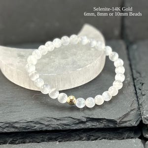 Genuine Selenite 10mm 8mm 6mm Bracelet ,14K Gold, AAA+ Selenite Bracelet Meditation Bracelet ,Intuition Bracelet ,Selenite Crystal ,Handmade