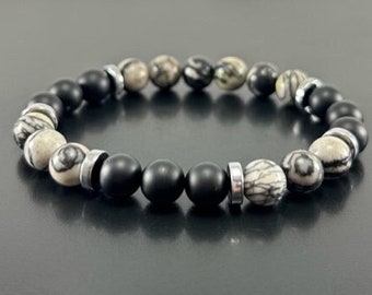 Bracelet de protection contre l'énergie, bracelet de perles pour homme, bracelet de guérison en pierres précieuses véritables de qualité, jaspe ligne noire, onyx noir, cadeau pour lui mari