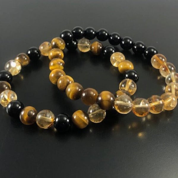 Bracelet en cristal de guérison oeil de tigre - Citrine - Onyx noir 8 mm, bracelet de perles de pierres précieuses oeil de tigre, bracelet de perles de pierres précieuses citrine 8 mm
