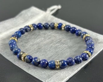 Lapis Lazuli Beaded Bracelet , Gold Bling Bracelet , 6mm 8mm Bead Bracelet , Lapis Lazuli Jewelry, Gold Jewelry , Healing Crystal Bracelet