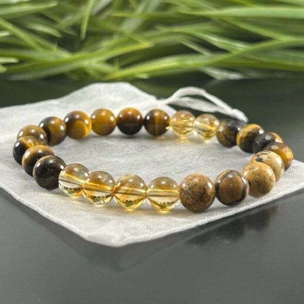 Solar Plexus Chakra Bracelet ,Genuine Tiger Eye Citrine & Picture Jasper Bracelet , 8mm Stretch Bead Bracelets for Men Women, Chakra Healing