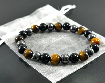 Bracelet oeil de tigre et hématite en onyx noir de haute qualité, bracelet de perles pour homme, bracelet en onyx noir, cadeaux pour lui, cadeaux de bracelet de perles pour homme