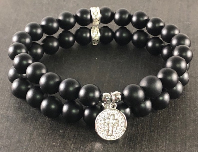 Gemstone Jewelry Matte Black Bling Bracelet Set Cross Jewelry Cross Charm Bracelet Black Onyx Healing Crystal Bracelet Set