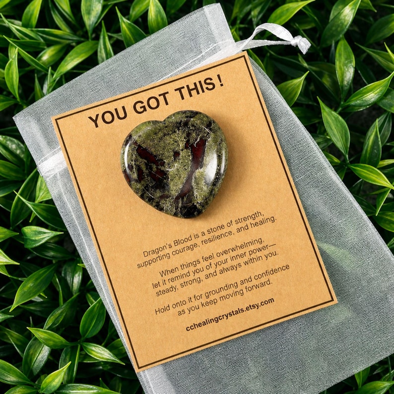 May include: A heart-shaped Dragon's Blood stone attached to a tan card with the text YOU GOT THIS! and descriptive text about the stone's properties. The card is placed inside a sheer white drawstring pouch.