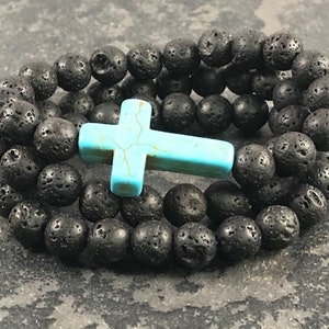 Turquoise Cross & Black Lava Stone Bracelet Set , Womens Mens Beaded Bracelet , Handmafe Turquoise Jewelry , Men Women Cross Jewelry Gifts