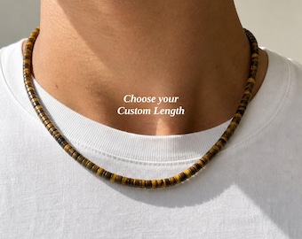 Mens 4mm Tigers Eye Beaded Necklace , Handmade Custom Length ,Minimalist Necklace Unisex Summer Jewelry Stainless Steel Clasp Beach Style