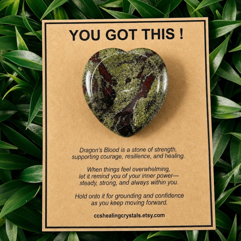May include: A heart-shaped Dragon's Blood stone with mottled green and dark red patterns, mounted on a tan card. The card features the text: YOU GOT THIS ! Dragon's Blood is a stone of strength, supporting courage, resilience, and healing.