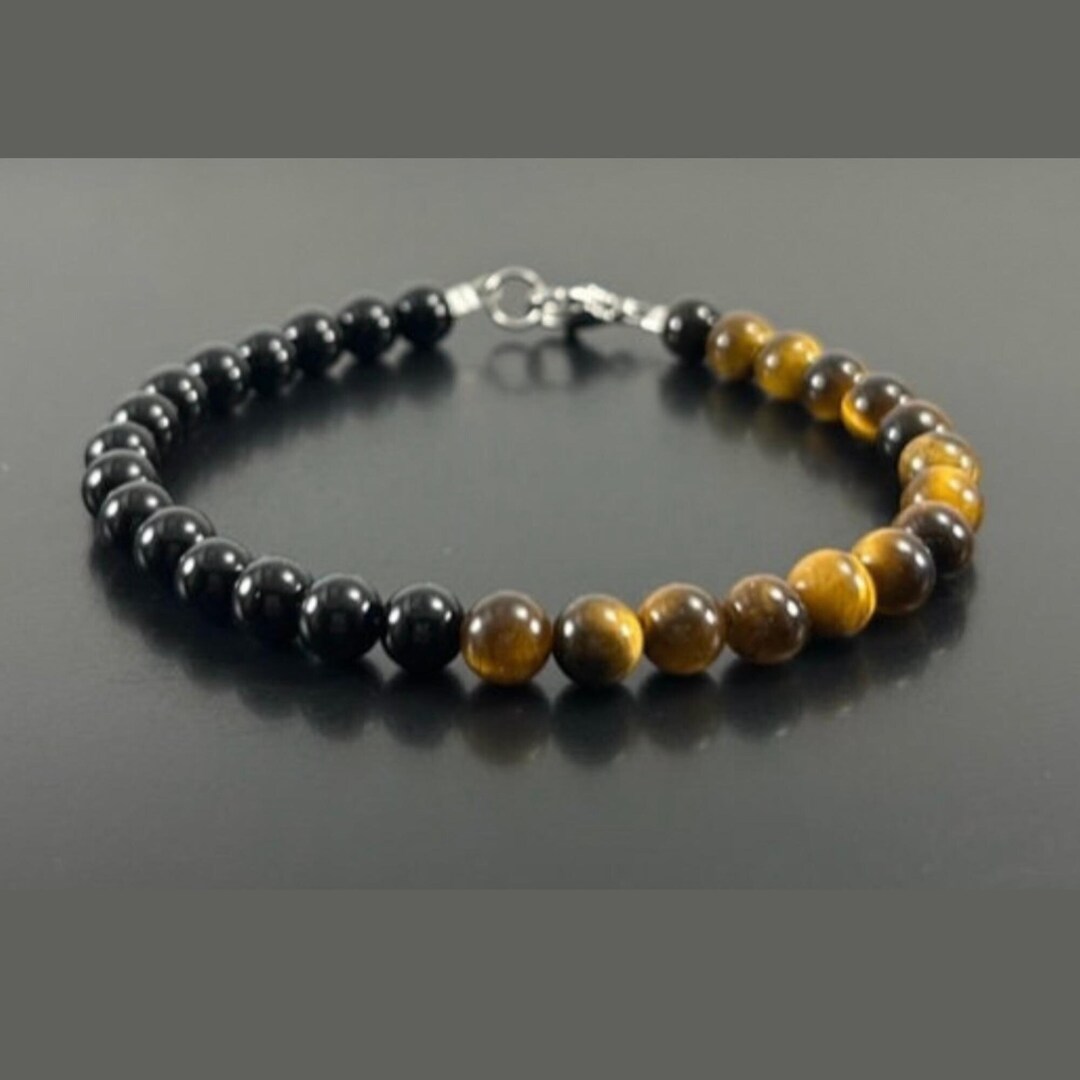 【AEKKI】4 Tigers Eye Gemstone Bracelet (約6mm+8mm) Genuine Tiger Eye & Black Onyx Bracelet ,4mm 6mm 8mm