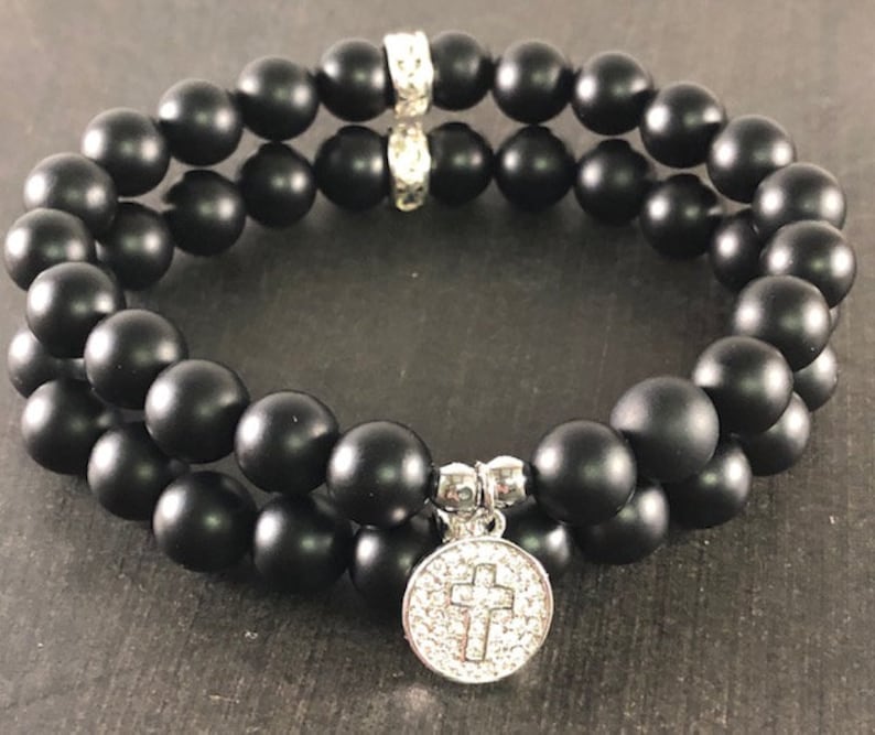 Gemstone Jewelry Matte Black Bling Bracelet Set Cross Jewelry Cross Charm Bracelet Black Onyx Healing Crystal Bracelet Set