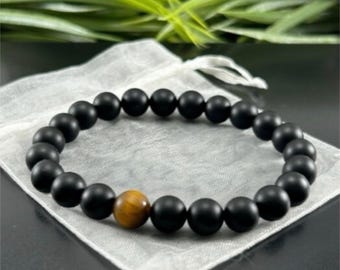 Bracelet homme oeil de tigre et onyx noir, bijoux en cristal de guérison