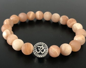 Multi color Matte Moonstone Bracelet with 925 Sterling OM Namaste Bead, Genuine Beaded Bracelet for Men Women , Healing Crystal Bracelet