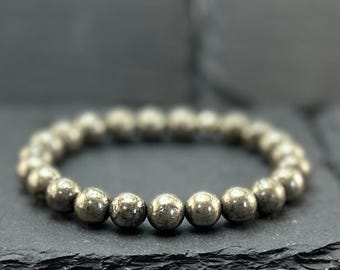 Bracelet en perles de pyrite véritable : accents d'or 14 carats, bijoux faits main