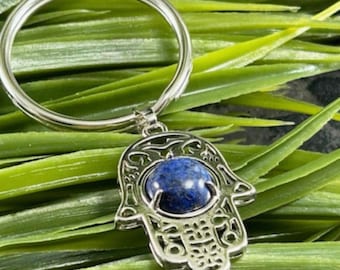 Lapis Lazuli Hamsa Hand Keychain Gift Card: Spiritual Protection Keyring