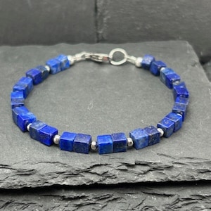 Lapis Lazuli Bracelet: 4mm Cube Gemstone, Stainless Steel Accent