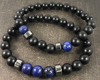 Lapis Lazuli & Black Onyx Bracelet Set , Blue Gemstone Beaded Bracelet , Healing Crystal Bracelet , Bead Bracelets for Men, Women , Gifts