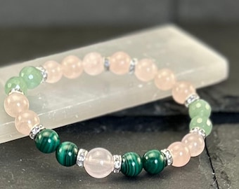 Soulmate Gemstone Bracelet, Rose Quartz, Malachite, Aventurine, Handmade