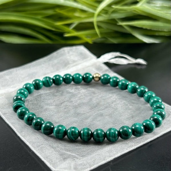 AAA Malachite Bracelet ,Genuine Malachite 6mm Bracelet ,14K Gold Jewelry Mens Womens, Beaded Bracelets, Authentic Malachite