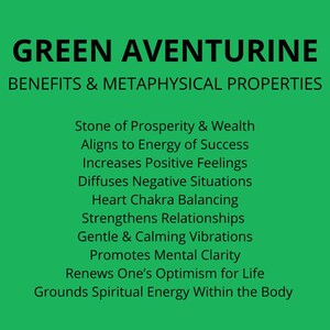 May include: A bright green informational graphic with black text titled GREEN AVENTURINE BENEFITS & METAPHYSICAL PROPERTIES. The list includes Stone of Prosperity & Wealth, Aligns to Energy of Success, Increases Positive Feelings, and Heart Chakra Balancing.