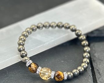 Bracelet oeil de tigre pyrite et citrine - Bracelet en cristal d'abondance et de protection - Bijoux de manifestation d'argent - Fait main