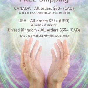 Peut inclure: Un graphique avec le texte suivant : FREE Shipping, CANADA - All orders $50+ (CAD) (Use Code CANADAFREESHIP at checkout), USA - All orders $35+ (USD) Automatic at checkout, United Kingdom - All orders $55+ (CAD) (Use Code FREEUKSHIPPING at checkout).