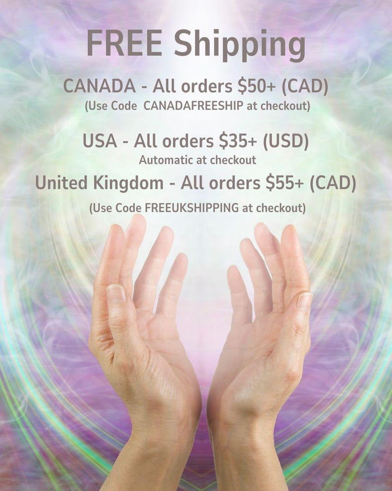 Peut inclure: Un graphique avec le texte suivant : FREE Shipping, CANADA - All orders $50+ (CAD) (Use Code CANADAFREESHIP at checkout), USA - All orders $35+ (USD) Automatic at checkout, United Kingdom - All orders $55+ (CAD) (Use Code FREEUKSHIPPING at checkout).