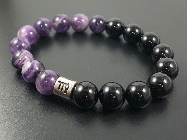 Amethyst & Black Onyx Virgo Zodiac Bracelet, Healing Crystals - Etsy