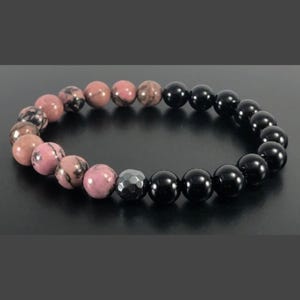 Bracelet amour-propre, bracelet en rhodonite rose et onyx noir de haute qualité, bracelet en cristal rose, bracelet de guérison émotionnelle, cadeaux pour elle