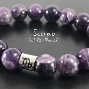 Scorpio Amethyst Bracelet , Scorpio Gift Set , Scorpio Crystal Gift Set , Amethyst Gift Set,  10mm Beaded Bracelet , Amethyst Bead Bracelet