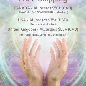 May include: A graphic featuring the text FREE Shipping, CANADA - All orders $50+ (CAD) (Use Code CANADAFREESHIP at checkout), USA - All orders $35+ (USD) Automatic at checkout, and United Kingdom - All orders $55+ (CAD) (Use Code FREEUKSHIPPING at checkout).