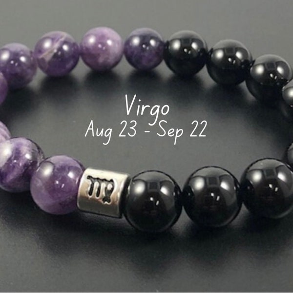 Virgo Bracelet ,Amethyst Virgo Bracelet , 6mm 8mm 10mm Zodiac Bracelet ,Gifts for Virgo, Zodiac Gifts ,Black Onyx ,Men Womens Virgo Bracelet