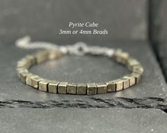 Bracelet cube en pyrite véritable : bijoux en cristal de guérison faits main faits main pour femme ou homme