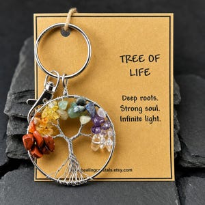 May include: A silver-toned metal keyring featuring a circular wire-wrapped tree of life design with multi-coloured gemstone chips. The keyring is attached to a tan card printed with the text TREE OF LIFE, Deep roots. Strong soul. Infinite light.