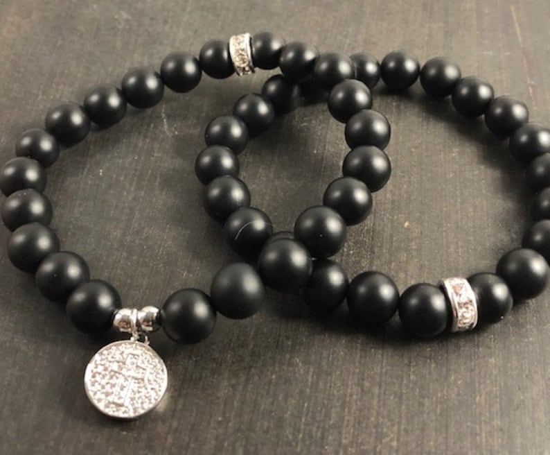 Gemstone Jewelry Matte Black Bling Bracelet Set Cross Jewelry Cross Charm Bracelet Black Onyx Healing Crystal Bracelet Set