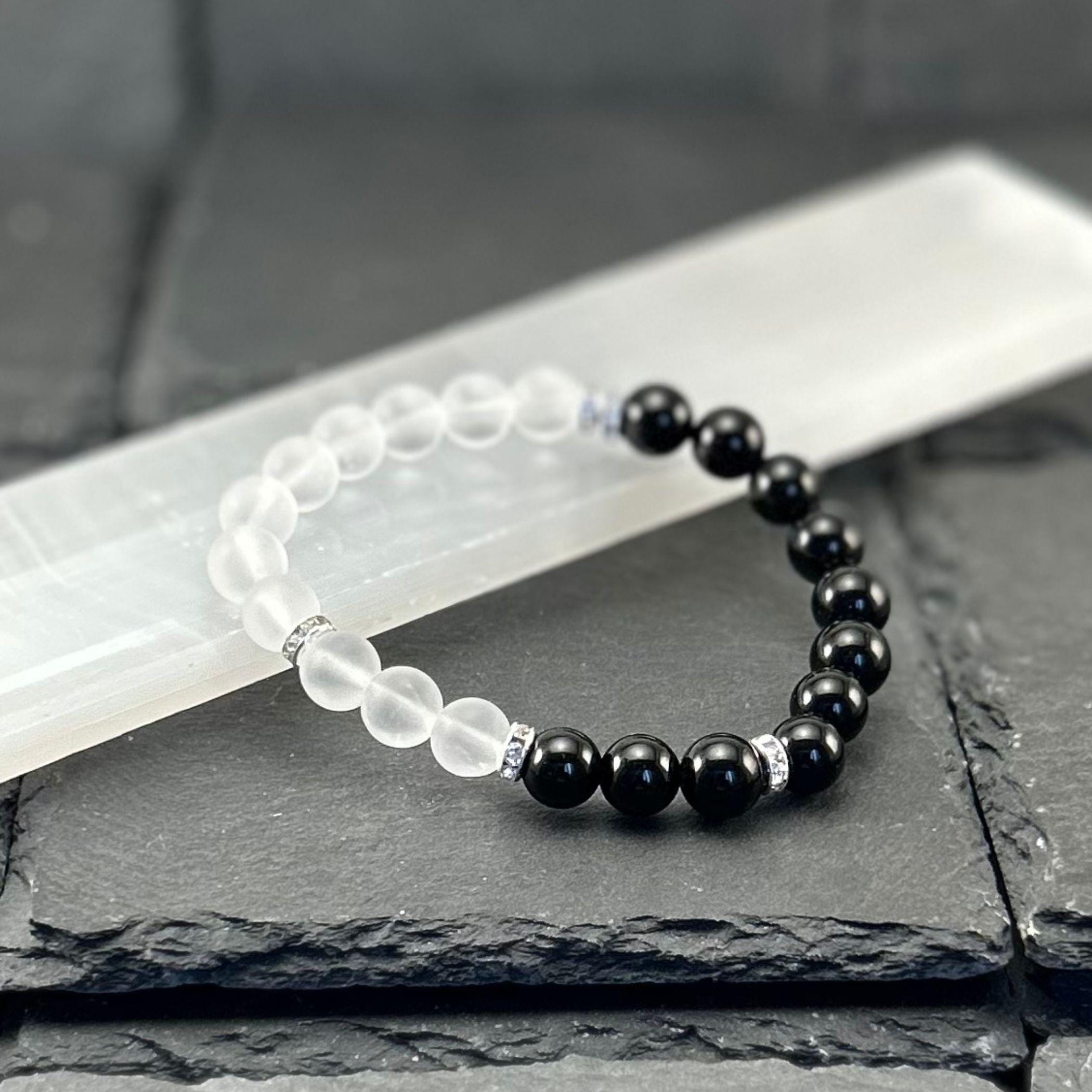 Black Obsidian & Quartz Crystal Bracelet, Handmade Gemstone Bead