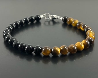 Genuine Tiger Eye & Black Onyx Bracelet ,6mm Gemstone Beaded Bracelet ,Bracelets for Men Women ,Bead Bracelet with Clasp, Good Luck Crystals