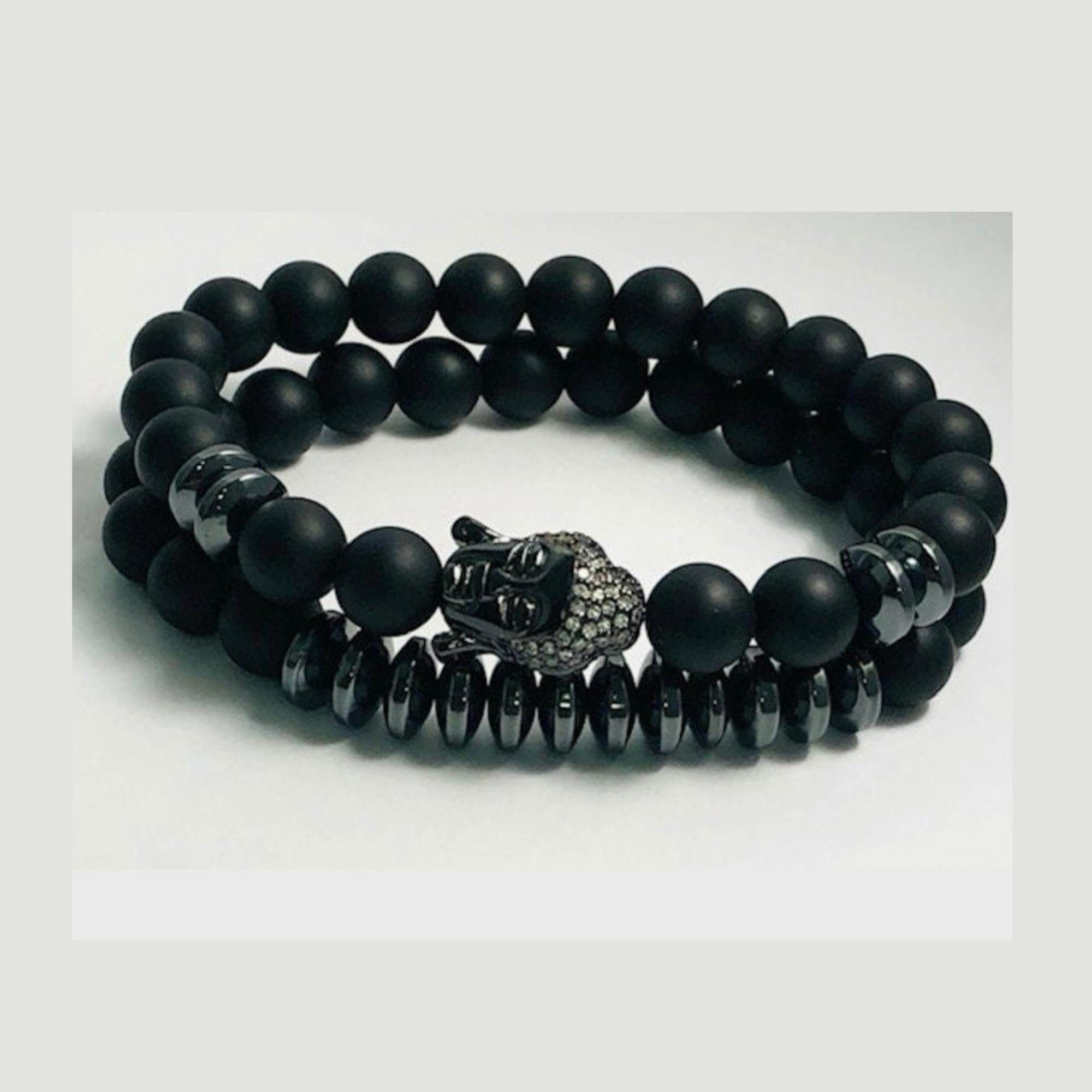 Matte Black Onyx Buddha Bracelet Set: Healing Crystal Jewelry