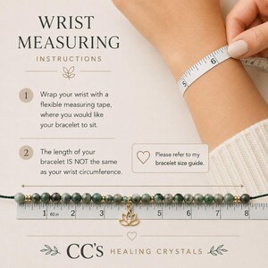 May include: An instructional graphic for measuring wrist size for a bracelet. It features a white measuring tape around a wrist and a beaded bracelet with a gold lotus charm aligned against a ruler showing measurements up to 8 inches.