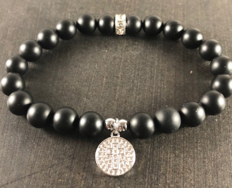 Gemstone Jewelry Matte Black Bling Bracelet Set Cross Jewelry Cross Charm Bracelet Black Onyx Healing Crystal Bracelet Set